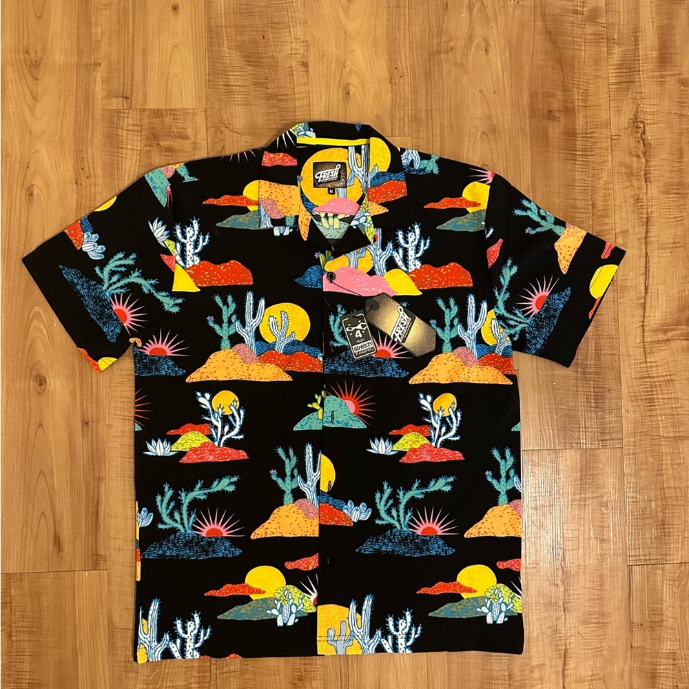 Black Casual Button Down Shirt with Tropical Desert Pattern